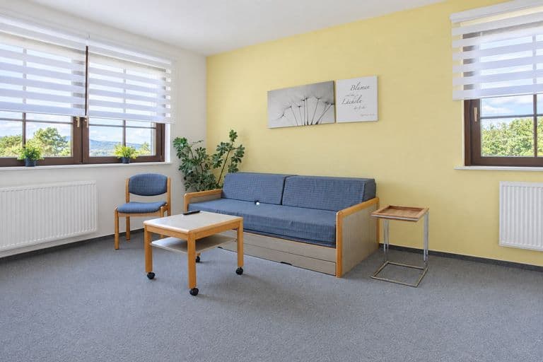 Wohnraum der Junior-Suite mit Schlafsofa und Blick ins Grüne